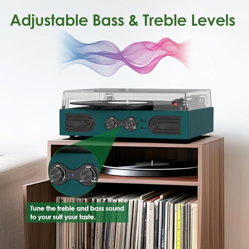 Image of Vinyl Record Player with Built-in Speakers 3-Speed Vintage Record Player Support Treble& Bass Control, 3.5mm Headphone Jack, RCA-Out /Aux in, Belt-Driven LP Turntable,Dark Green