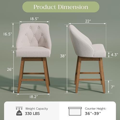 Butacos Giratorios Modernos con Espalda Acolchada, Juego de 2, Altura para Isla de Cocina (26", Beige) miniatura 2