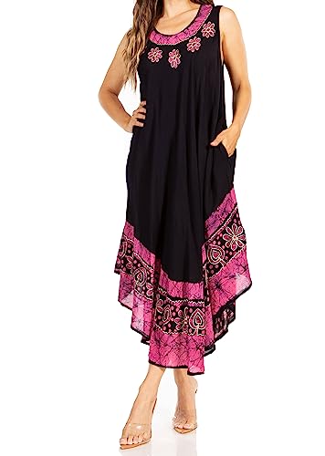 Sakkas A900 Batik Flower Caftan Tank Dress/Cover Up - Navy/Pink - One Size