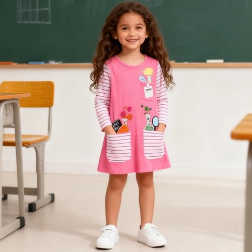 Image of Hongshilian Little Girls Cotton Casual Dress Cartoon Print T-Shirt Short Sleeve Skirt Dresses
