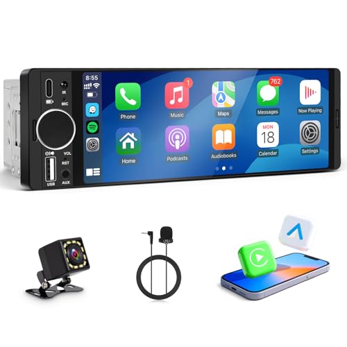 Single Din Radio for Car - Supports Apple Carplay & Android Auto，6.28 inch Single Din Touchscreen Radio with Bluetooth，Backup Camera，Enhanced Mic，USB ，SWC ，RCA，EQ，FM (Black)