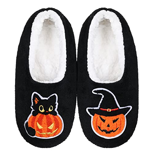 ZYZX Pantofole da Donna Suola Morbida Antiscivolo,Calzini Termici Invernali in Pile Sherpa,Regalo di Halloween (Gatto Nero,Zucca)