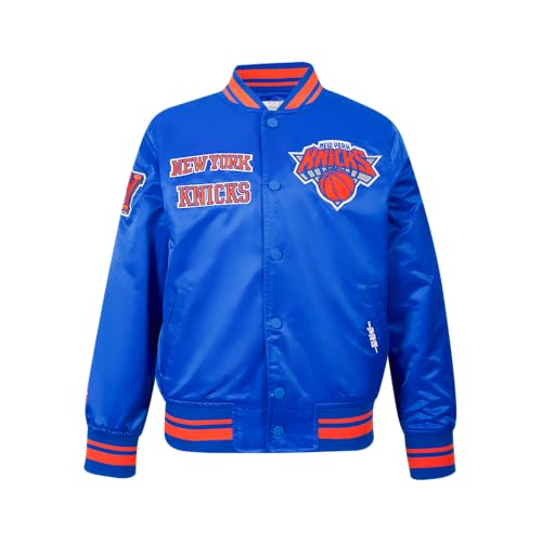 Chaqueta de satén NBA Retro Classics azul y naranja talla M para niños