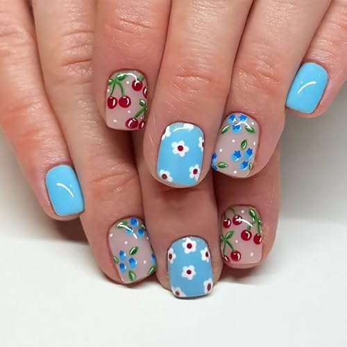 Blue Press on Nails Short Square Fake Nail With Cherry Blueberry Spring Summer White Flower False Nails Glossy Full Cover Acrylic Artificial Stick on Nail for Women 24 Pcs