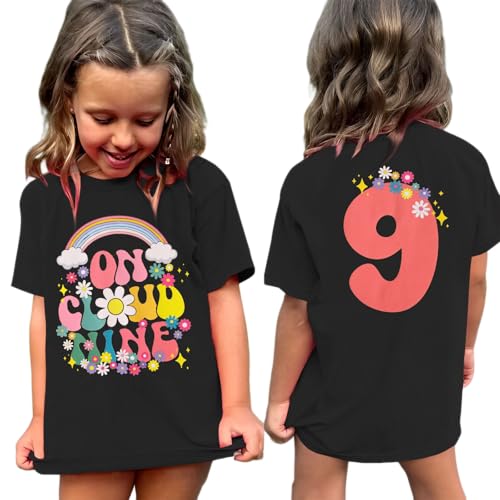 AG AGUU On Cloud Nine Birthday Girl Shirts Kids Girls Birthday Outfits Flower 9th T-Shirt Party Tees Tops 9 Years Old(Black-9th)