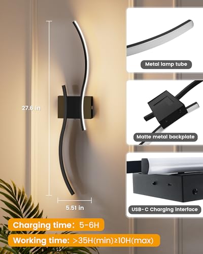 Image of NIORSUN 27.6 Inch Battery Operated Wall Sconce Set of 2, Black Modern Rechargeable Wall Lights with Remote, 3CCT Dimmable Wireless Wall Lamp for Living Room Bedroom Hallway