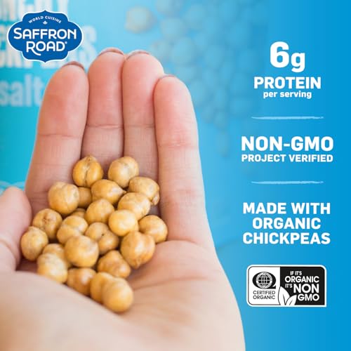 Saffron Road Organic Roasted Sea Salt Crunchy Chickpeas | High-Protein, Vegan, Gluten-Free, Non-GMO, Halal & Kosher Certified Snack | 5.4 oz Resealable Pouch | Pack of 6