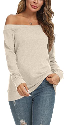 Ysyokow Womens Cute Sexy Off Shoulder Blouses Long Sleeve Boat Neck Tunics Tops(Beige, Medium) #TOP1