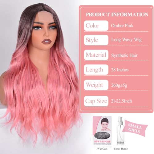 Vitorish Ombre Pink Wig Long Wavy Curly Ombre Wig with Dark Root Small Lace Natural Looking 28 Inch Synthetic Heat Resistant Wigs for Women (Ombre Pink (R/97C), 28 Inch) — view 2