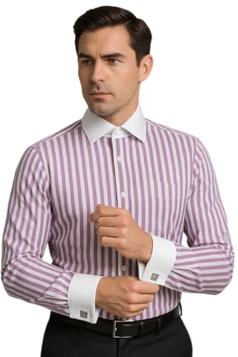 Image of Men's Premium Cotton Formal Dress Shirt - White Collar & French Cuffs with Cufflinks | Solid White, Micro Check & Striped for Office, Wedding