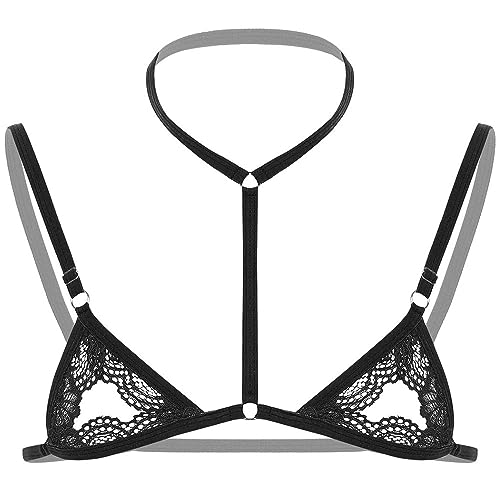 Men Sissy Lace Bra Bralette Tops Crossdresser Gay Underwear Strap Girly Halter Sexy Lingerie Sleepwear Nightwear (Black, One Size)