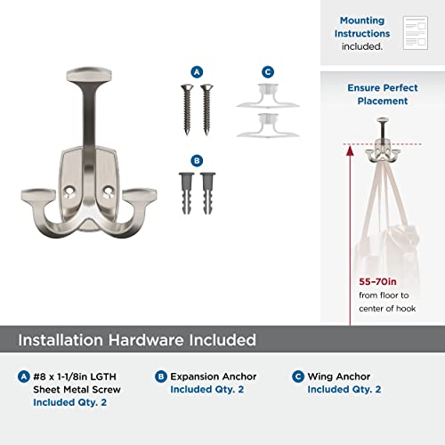 Image of Amerock Vicinity Triple Prong Satin Nickel Wall-Mounted Hook | Decorative wall hook in durable zinc construction for coats, hats, bags, towels, and everyday organization