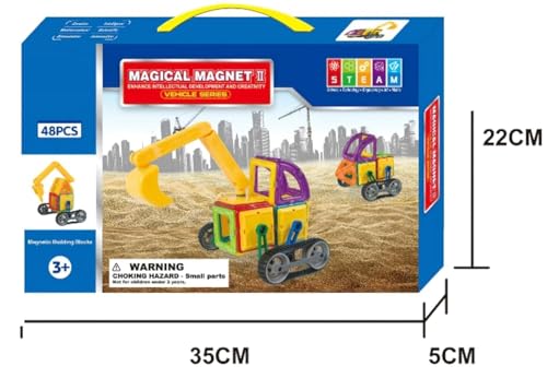 Image of 48 PCS Magnetic Building Blocks Construction Vehicle Set for Kids | Magnetic Tiles with Excavator, Crane, Trucks & Road Track | STEM Educational Toy for Boys & Girls Age 3+ Years