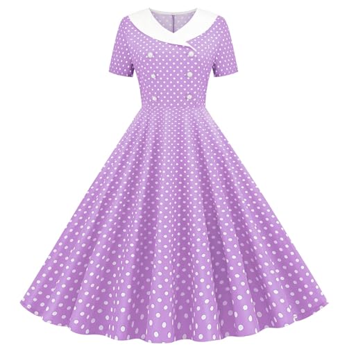 5-14T Girls Swing Dresses 1950s Vintage Polkadots Short Sleeves Lapel Shirts Princess Dress Beach Party Sundress