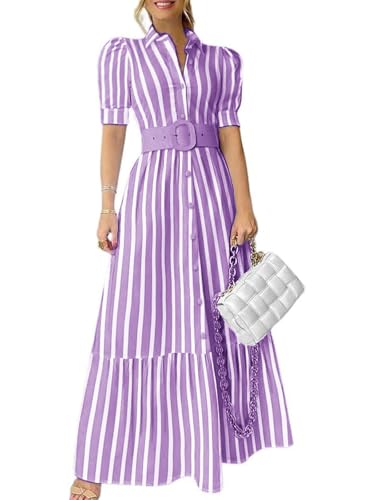 Image of utcoco Womens Striped Button Down Shirt Dress Casual Puff Short Sleeve Ruffle Hem Maxi Dresses with Belt