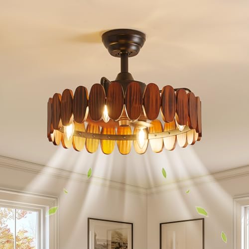 Image of Farmhouse Wood Ceiling Fan with Lights, 19.7 Inch Rustic Chandelier Ceiling Fans Vintage Fence Caged Enclosed Bladeless Ceiling Fan Light Fandelier for Kitchen Dining Room