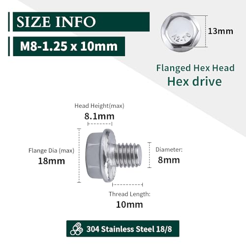 Image of M8-1.25 x 10mm Hex Flange Bolt (0.39 inch Thread Length), DIN6921, Serrated Locking Flange, 304 Stainless Steel, UNC Full Thread, 20-Pack