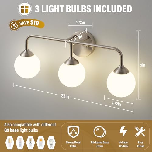 Image of Bathroom Light Fixtures - 3 Light Brushed Brass Vanity Light Over Mirror for Bathroom Mirror Living Room, Brushed Nickel Bathroom Wall Sconce with Frosted Glass Shade, 3 G9 Bulbs Included