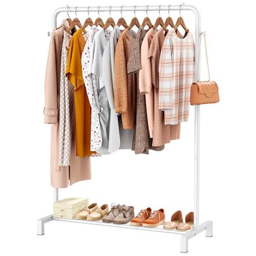 ZHKINGGS Kleiderstange für Schlafzimmer: tragbare Kleiderstange mit unterer Schuhregal und Haken freistehender Kleiderständer für Schrank Wäsche Geschäft (Modern Weiß)