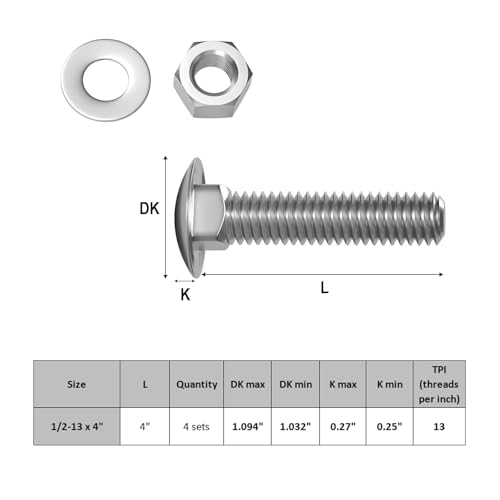 Image of VGBUY 1 /2-13 x 4 Carriage Bolts Screws 4 Sets, 304 Stainless Steel 18-8, Round Head Square Neck, Carriage Bolts and Nuts Kit, with Flat Washers