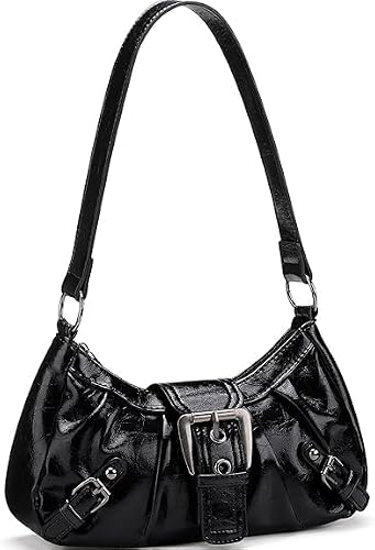 VOSTEVAS Small Shoulder Bag for Women Aesthetic Y2K Purses PU Leather Punk Shoulder Handbag Buckle Coquette Crescent Bags