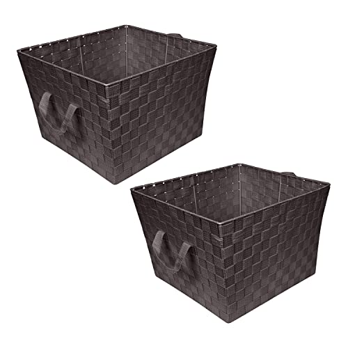 Image of Simplify Large Woven Strap Tote | Decorative Storage Basket | 2 Handles | Organization | Closet | Bedroom | Bathroom | Nursery | Accessories | Toys | Gifts | 2 Pack | Chocolate