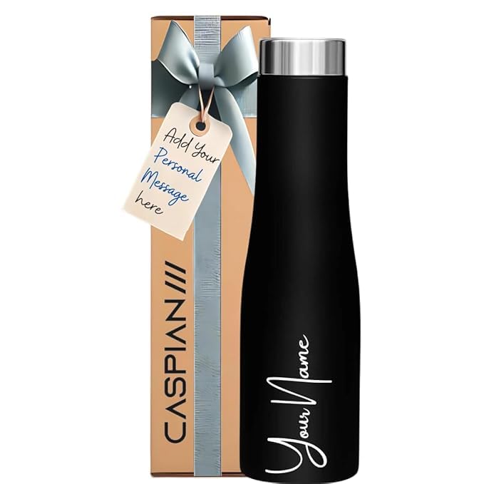 Image of CASPIAN / / / Aqua Customised Stainless Steel Water Bottle 1L, Religious Symbol Print with Name - Spiritual Personalised Bottle for Temple, Office, Yoga & Corporate Gifting (Black)