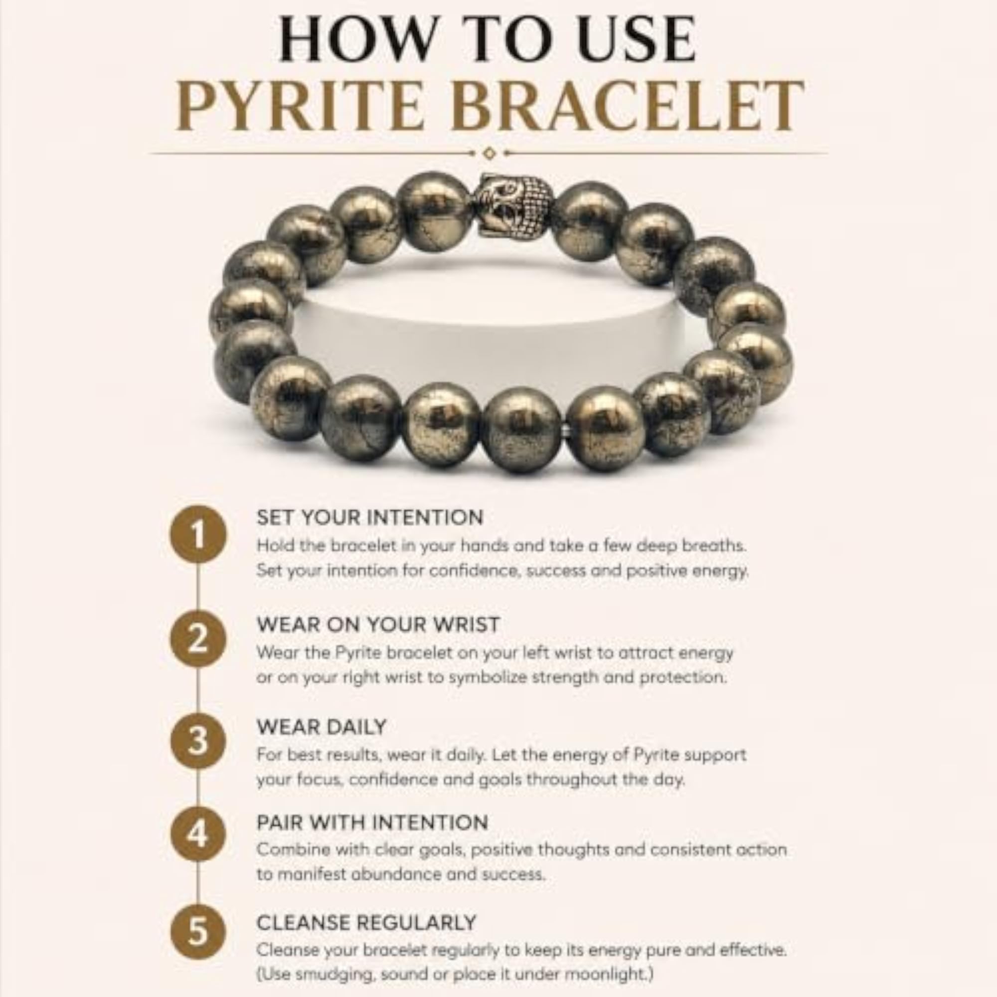 Pyrite Buddha Bead Bracelet 10mm, Natural Stone