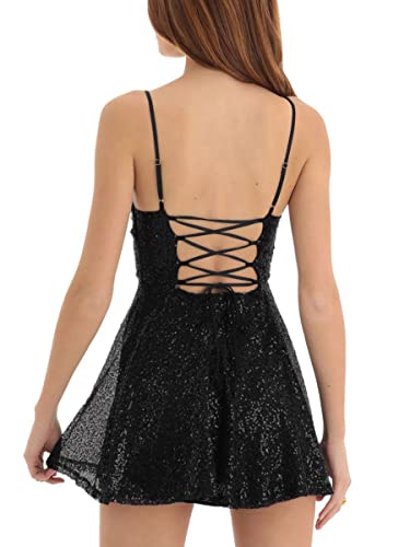 Image of FEORJGP Womens Sparkly Sequin Mini Dress Shiny Spaghetti Strap Short Dress Glitter Disco Slip Dresses Cocktail Party Clubwear