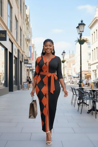 Image of Nmoder Long Maxi Dress for Women, Pencil Church Bodycon Dress Front Split | 3 /4 sleeve v neck, curvy tea party work semi formal cocktail funeral date bridesmaid dress, colorblock, m-3xl