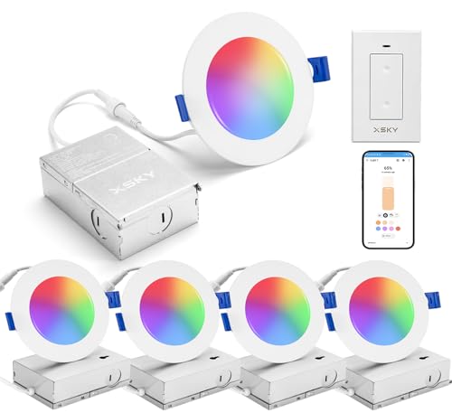 Xsky Smart Recessed Zigbee 3.0 Lighting 4 inch 4 Pack RGBCW Dimmable, Downlight. Compatible with Alexa/Home Assistant/SmartThings 10W 750LM 16 Million Colors, Dimmer Switch Include