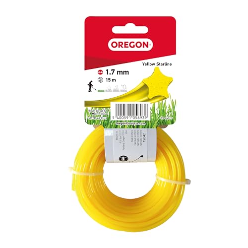 Oregon Hilo para Desbrozadora y Cortacésped, Hilo de Corte Color Amarillo, Cinco Filos en Estrella, Nylon Calidad Premium, Compatible con Todas las Desbrozadoras Estándar, 1.7mm-15m (69-440-Y)