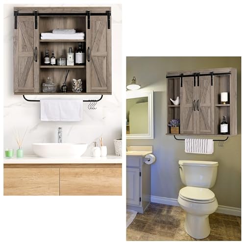 Image of RUSTOWN Farmhouse Bathroom Wall Cabinet with Sliding Barn Door & Towel Rack