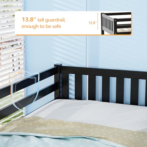 JOYMOR Twin Loft Bed Low Loft Bed Frame for Little Kids Small Room/Low Ceiling Bedrrom with Guardrail and Ladder (Black)
