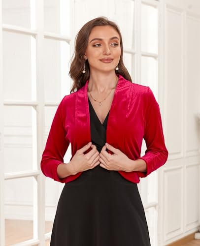 Image of Women's Long Sleeve Velvet Shrug for Dresses Cocktail Party Open Front Cropped Bolero Cardigan Top