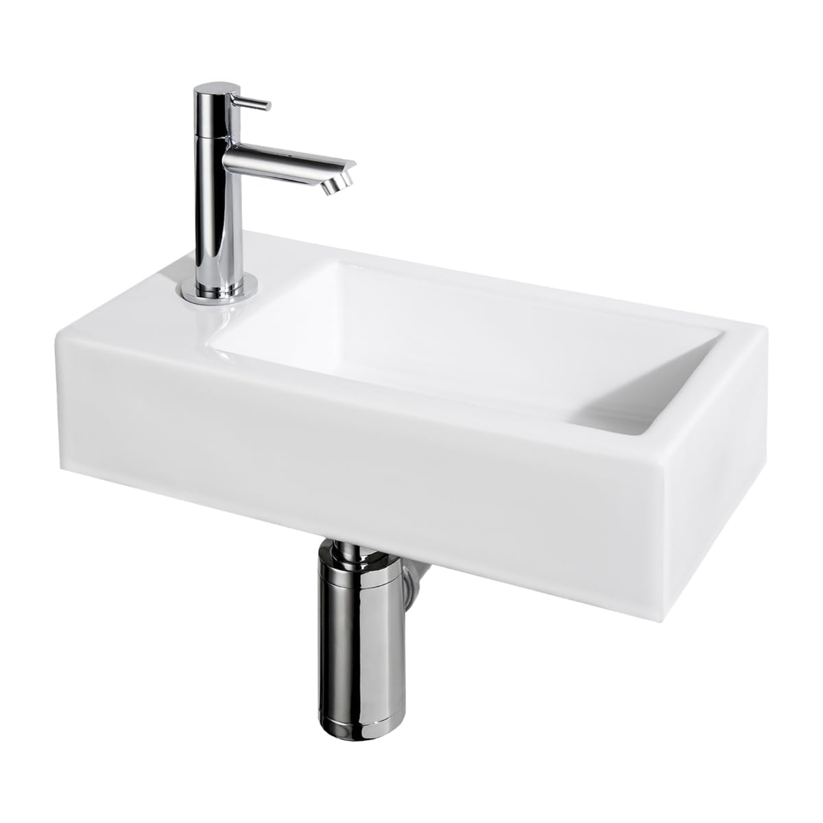 Differnz Helios Vasque – Lavabo en Céramique 37,5x18,5x9,5 cm – Ensemble Lavabo WC avec Robinet Gauche Chrome – Vasque à Poser avec Mitigeur Droit et Poignée Standard – Pour Salle de Bain ou Toilettes