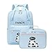 e-youth Women Girls Cute Panda School Backpack with Lunch Box Japanese & Korean Style Canvas Bags (Blue)