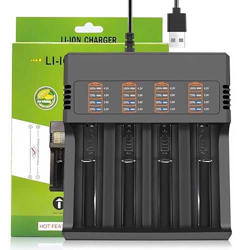 18650 Battery Charger 4 Bay Smart Universal Charger for 3.7V Rechargeable Batteries Li-ion Batteries 18650 26650 14500 16340(CR123) 21700 18490 18350 Batteries (Not Battery)