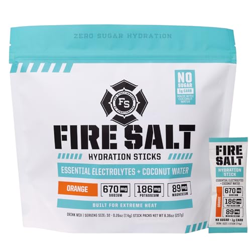 Fire Science Fire Salt Hydration Sticks, Electrolytes & Coconut Water, Hydration Drink Mix with Magnesium, Potassium & Sodium, Zero Sugar, Single Serve On the Go Packs, Vegan, Orange Flavor, 32 Count