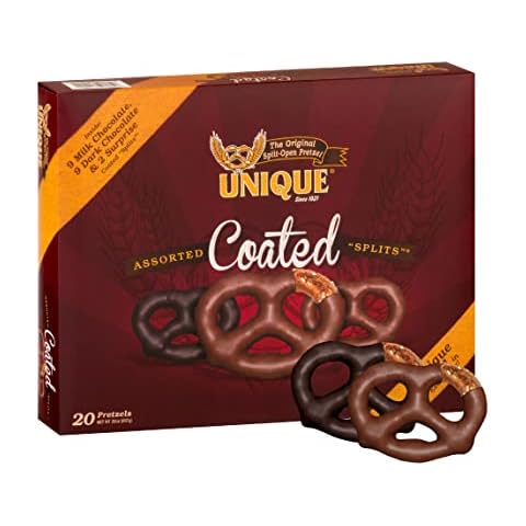 Unique Snacks Assorted Chocolate Coated Splits Pretzels, Milk Chocolate Splits and Dark Chocolate Splits, Homestyle-Baked Snack Bag, 20-Count, Pack of 1 Cover
