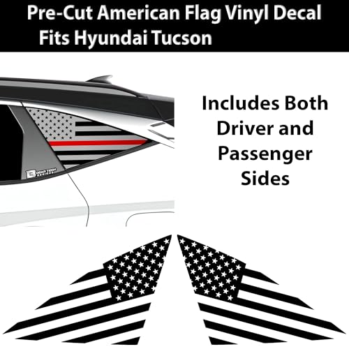 Image of BOGAR TECH DESIGNS Precut Quarter Window American Flag Vinyl Decal Sticker Compatible with Hyundai Tucson 2022-2025, Think Red Line