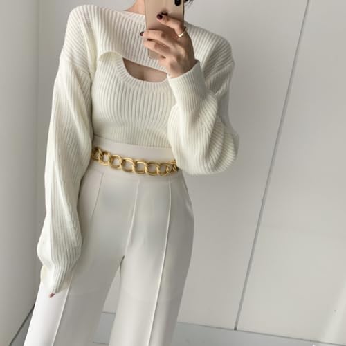 Women's Two Piece Sweater Top Set Y2K Long Sleeve Bolero Shrug Top and Knitted Slim Fit Solid Color Tank Tops4