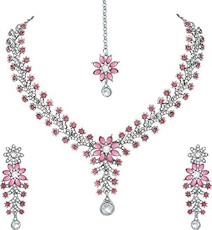 Atasi International Diamond Necklace Jewellery Set for Women with Earrings and Maang Tikka for Wedding, Party, Engagements & Festivals