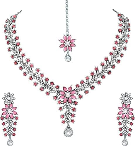 Atasi International Diamond Necklace Jewellery Set for Women with Earrings and Maang Tikka for Wedding, Party, Engagements & Festivals, Regular, Metal, Crystal