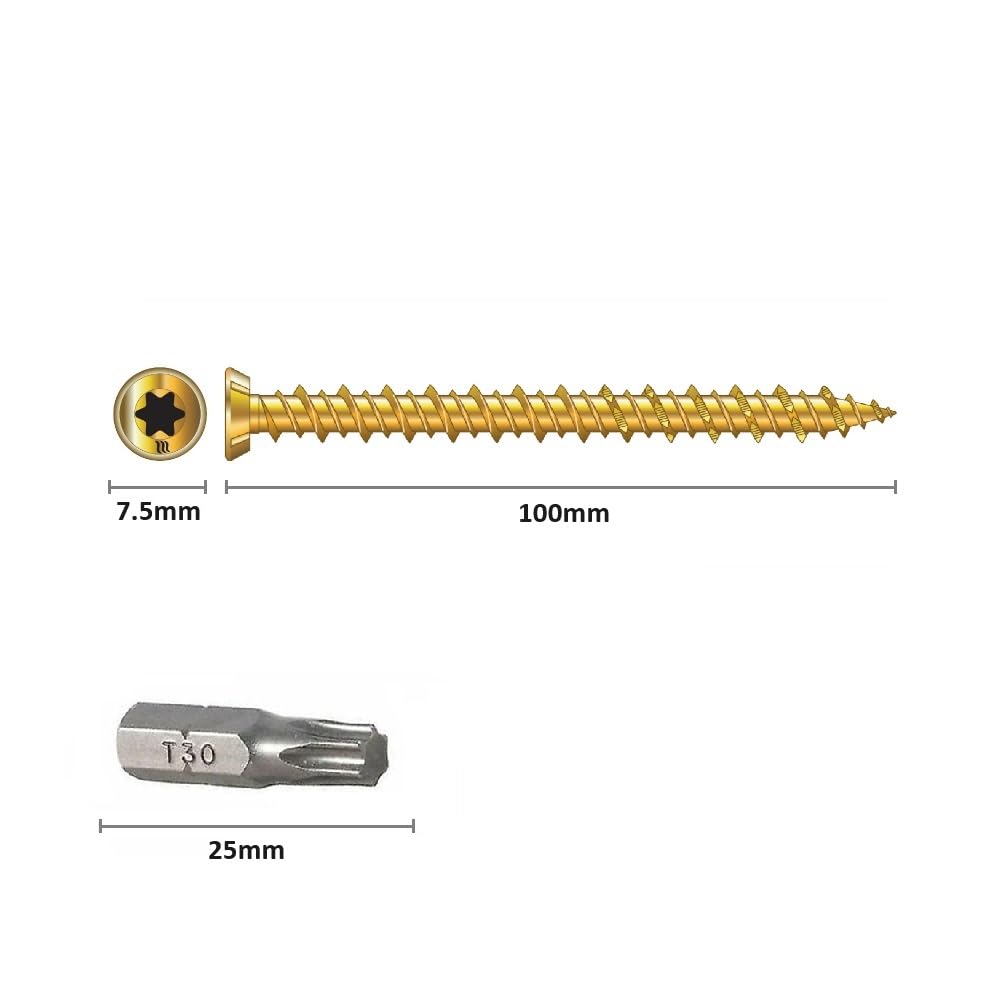 Concrete Frame Fixing Screws - Frame Screws Heavy Duty 7.5mm x 100mm - 100 Pack with T30 Torx Driver Bit, Yellow - Image 2