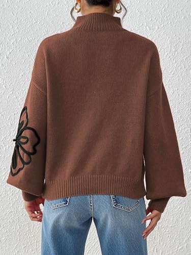 Women's Floral Embroidered Sweater Print High Neck Ribbed Knit Pullover Graphic Jumper Lantern Sleeve Crochet Top4