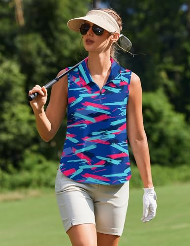Image of PINSPARK Women Golf Shirts Sleeveless UPF 50+ Tennis Polo V-Neck Quick Dry Athletic T Shirt 1 /4 Zip Collar Workout Tank Top