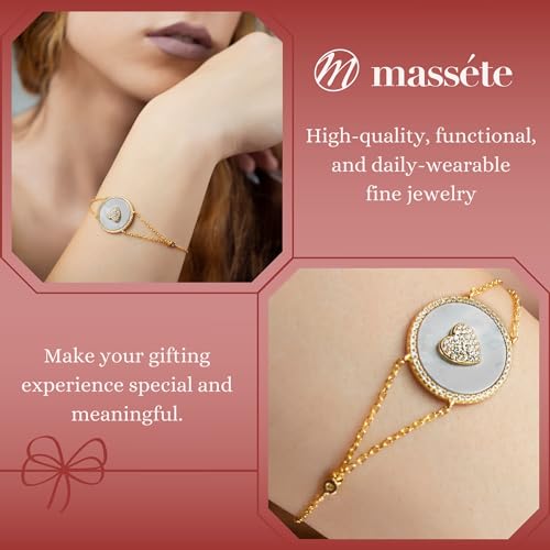 Image of Sterling Silver Bracelet Heart in Circle Disc Mother of Pearl Simulated Diamonds Double Chain 7.5 inch