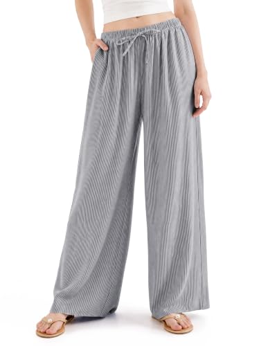FLYSHEWIN Women Wide Leg Linen Pants with Pocket Casual Flowy Lounge High Waist Loose - image 1