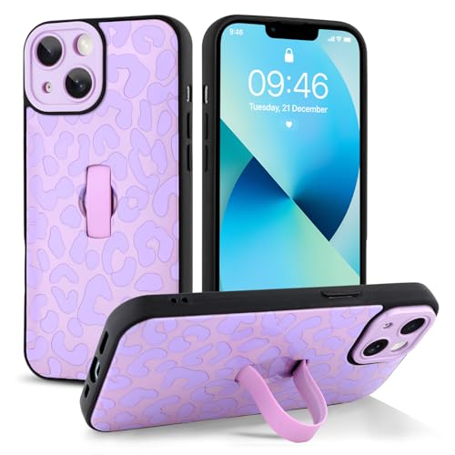 Coque iPhone 13 léopard avec dragonne et béquille violette